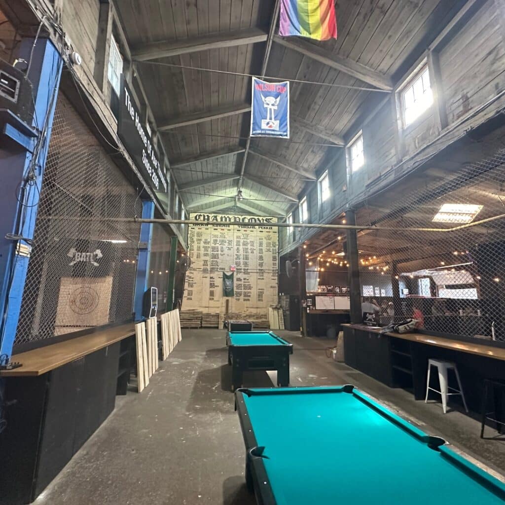 Inside of an axe throwing warehouse