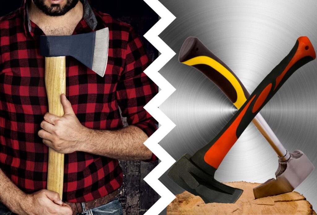 two sided image with lumberjack holding s wooden axe on left and a metal and a fibreglass axe on the right side