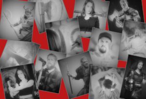 Various axe throwers in small black and white photographs on a red background