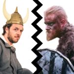 A modern looking man with a two-horned "Viking" helmet next to an authentic looking Viking