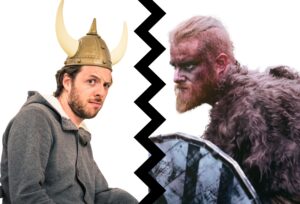 A modern looking man with a two-horned "Viking" helmet next to an authentic looking Viking