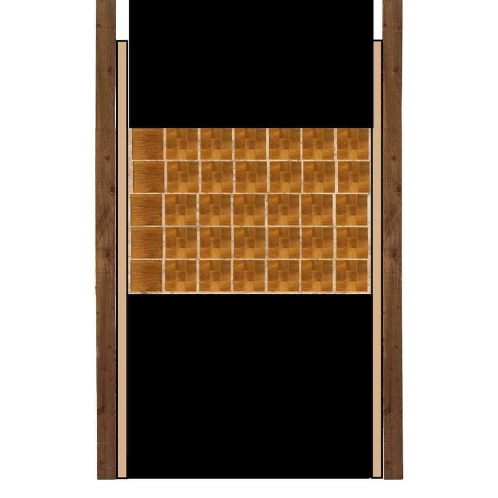 Diagram of axe throwing end-grain target with rubber mats above and below target area