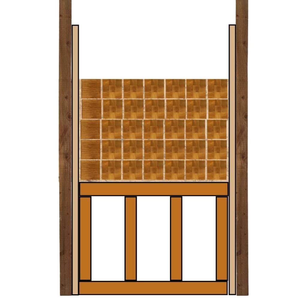 Same as previous diagram but all end-grain blocks now assembled onto target "shelf"