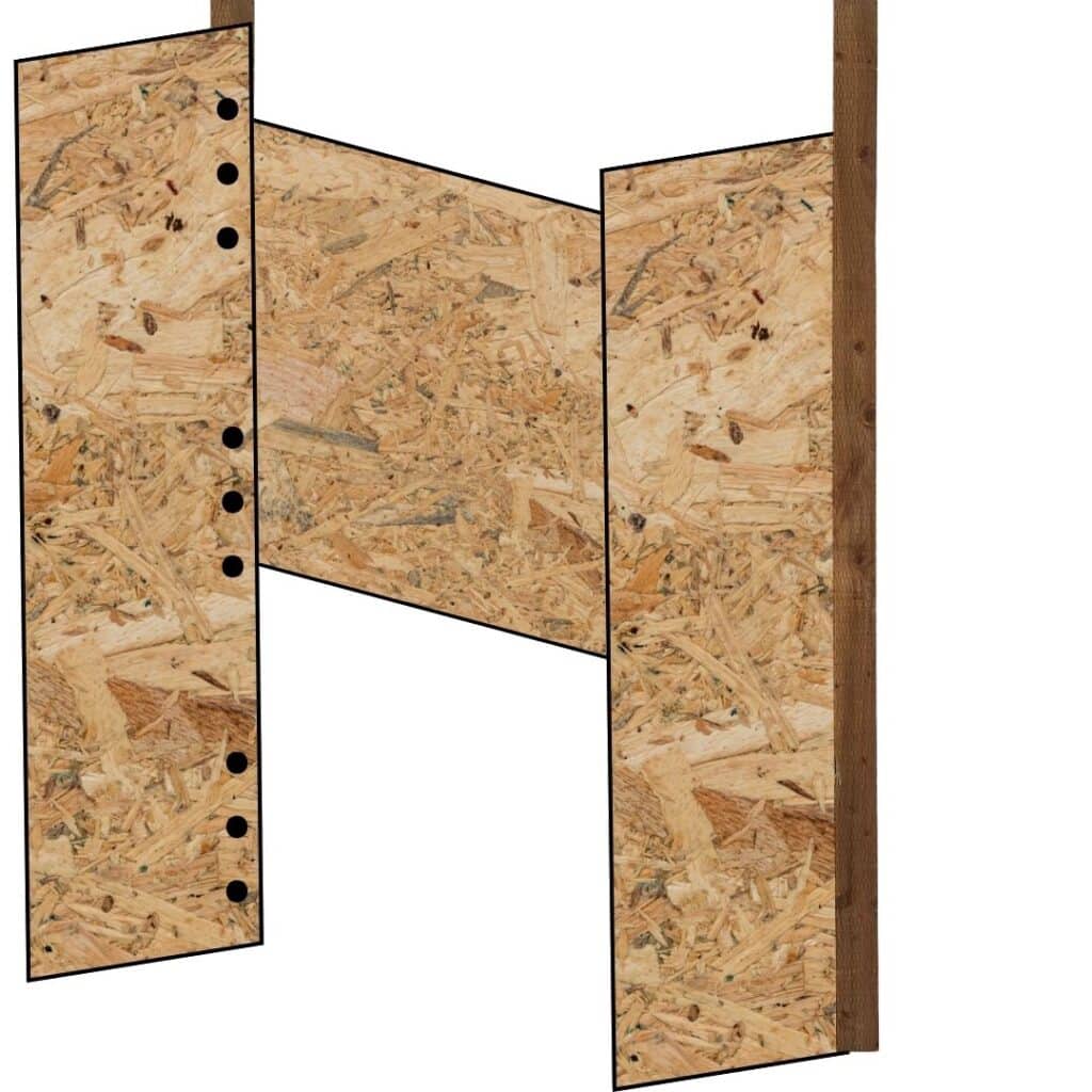 Diagram of two OSB sheets screwed onto the previous posts/sheet