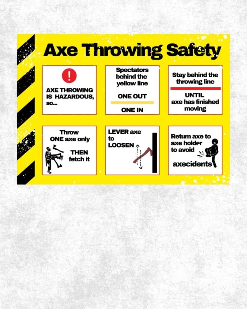 Safewty poster on wall for axe throwing with five rules written on it